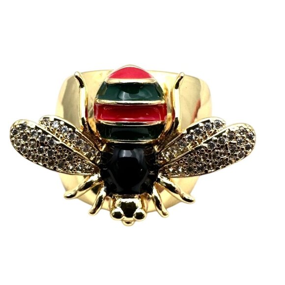 Bee Ring Black Red Green Enamel Clear Crystal 18K Gold Plated Adjustable Size - Picture 6 of 7